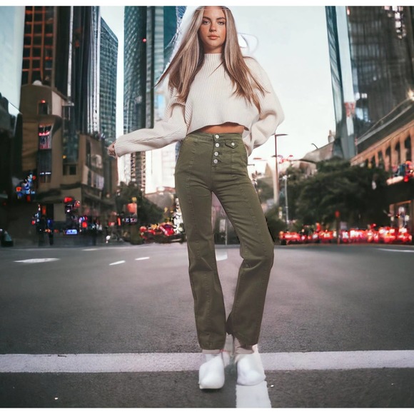 BLANK NYC The Delancey Denim Wide Leg Pants Going Green Size 31 70s Bohemian - Picture 2 of 9